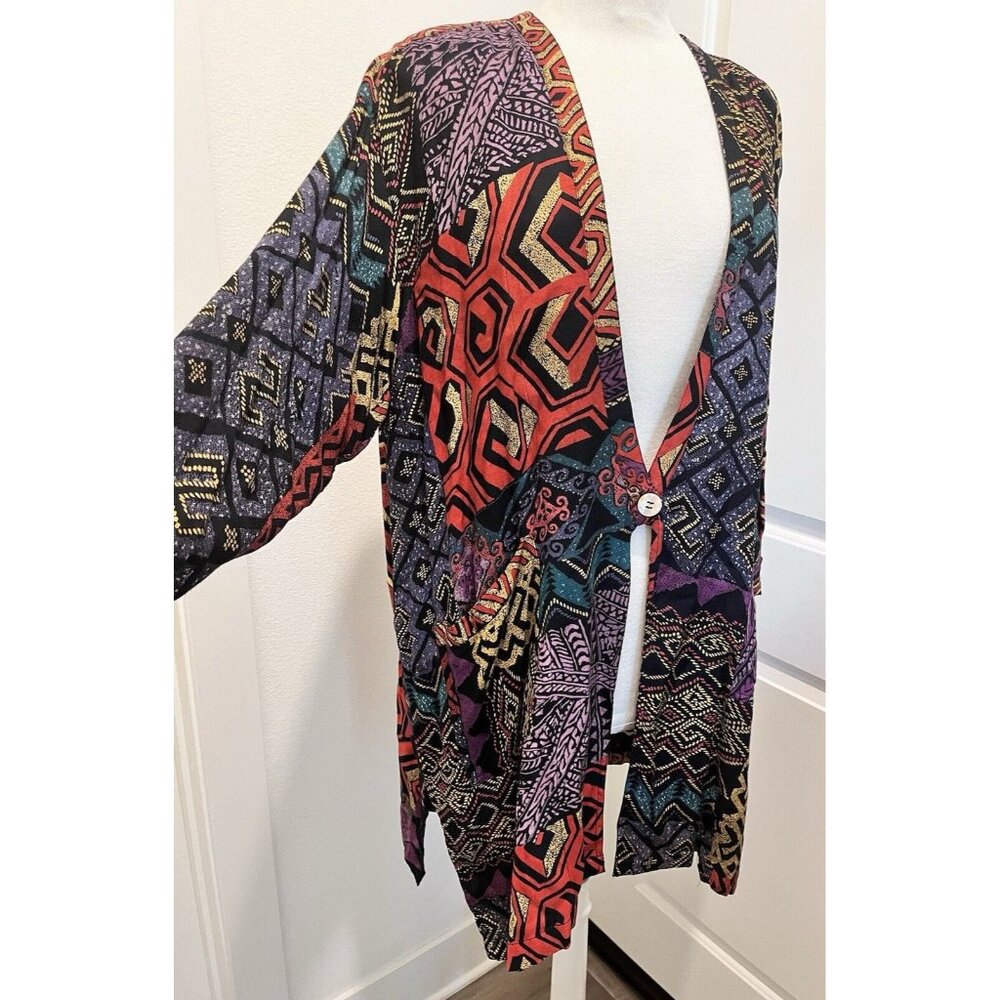 Vtg 80s L Kimono Jacket Colorful Tribal Geometric Print India Rayon Art to Wear